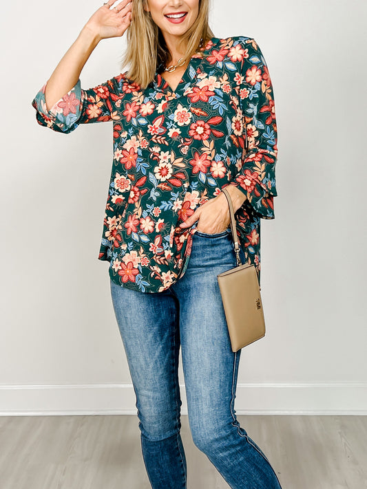 Lizzy 3/4 Bell Sleeve Top in Hunter Green Floral Print