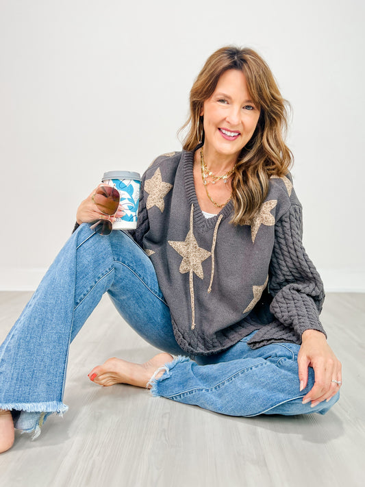 Cropped V-Neck Hoodie Sweater with Star Patches