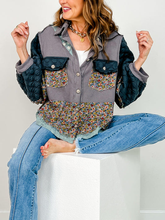 A-Line Thermal with Pearl Detail Floral Pattern Jacket