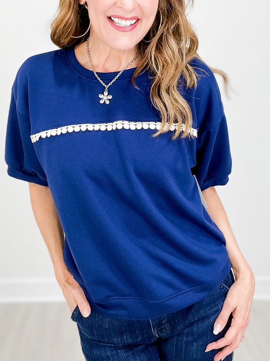 Solid Terry Short Sleeve Pullover Top with Banded Hem and Sleeves