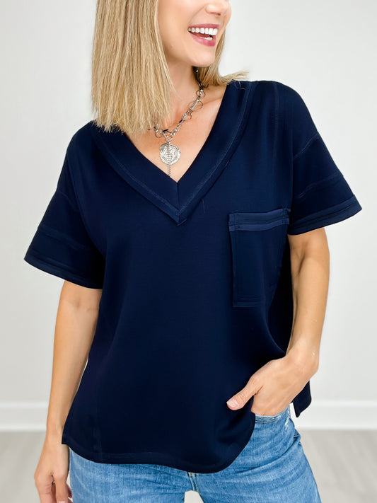 Side Slit V-Neck Short Sleeve Solid Knit Top