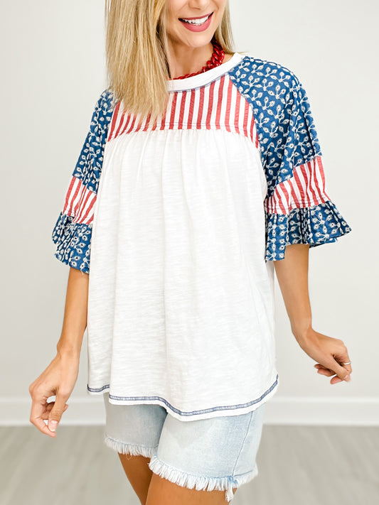 Ruffled Sleeve Round Neck Color Block Top