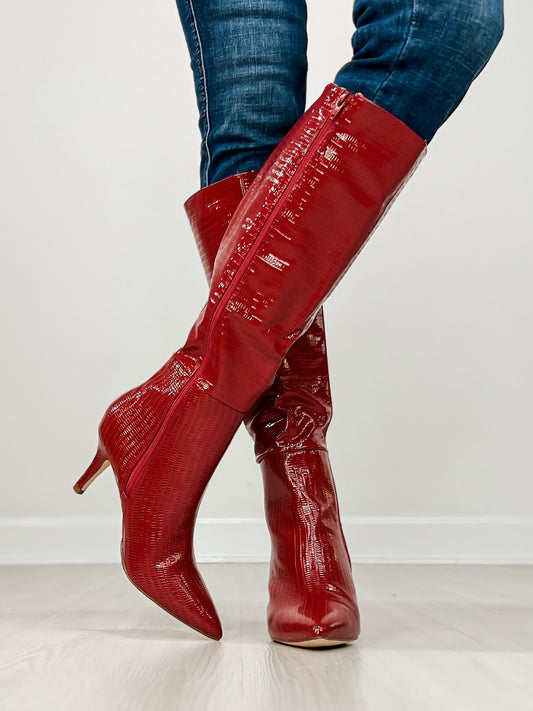 Croc Pattern Patent Finish Pointed-Toe Tall Boots in Red