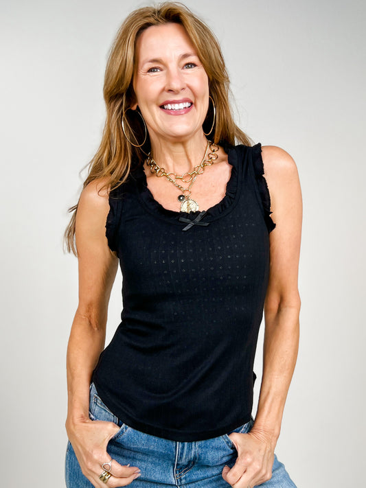 Bow Trim Ruffled Knit Tank Top in Black