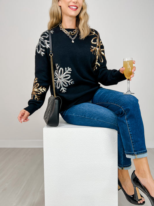 Solid Knit Sweater with Sequin Snowflakes