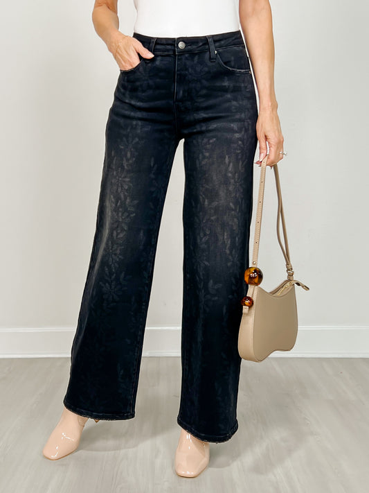 Daisy Digital Laser Print Stretch Wide Leg Jeans