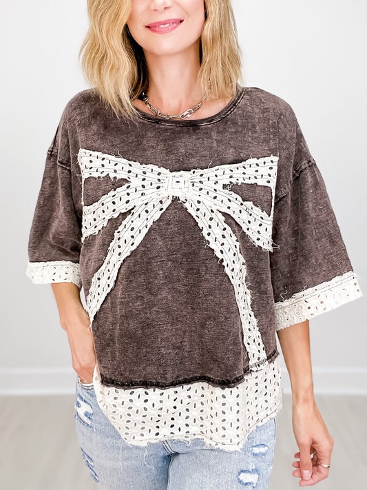 WASHED RIBBON PATCHWORK SHORT SLEEVE OVERSIZED