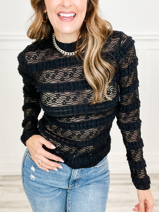 Long Sleeve Solid Knit Top with Lace Detail