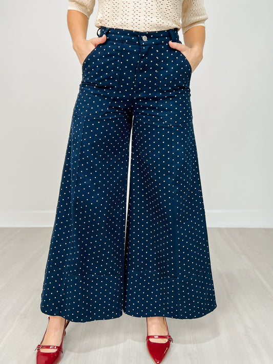 High Waist Wide Leg Pants with Roomy Front Pockets in Navy Dot