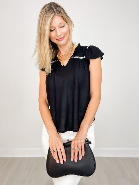 Sleeveless Contrast Embroidery Ruffle Detail Front Tie Top