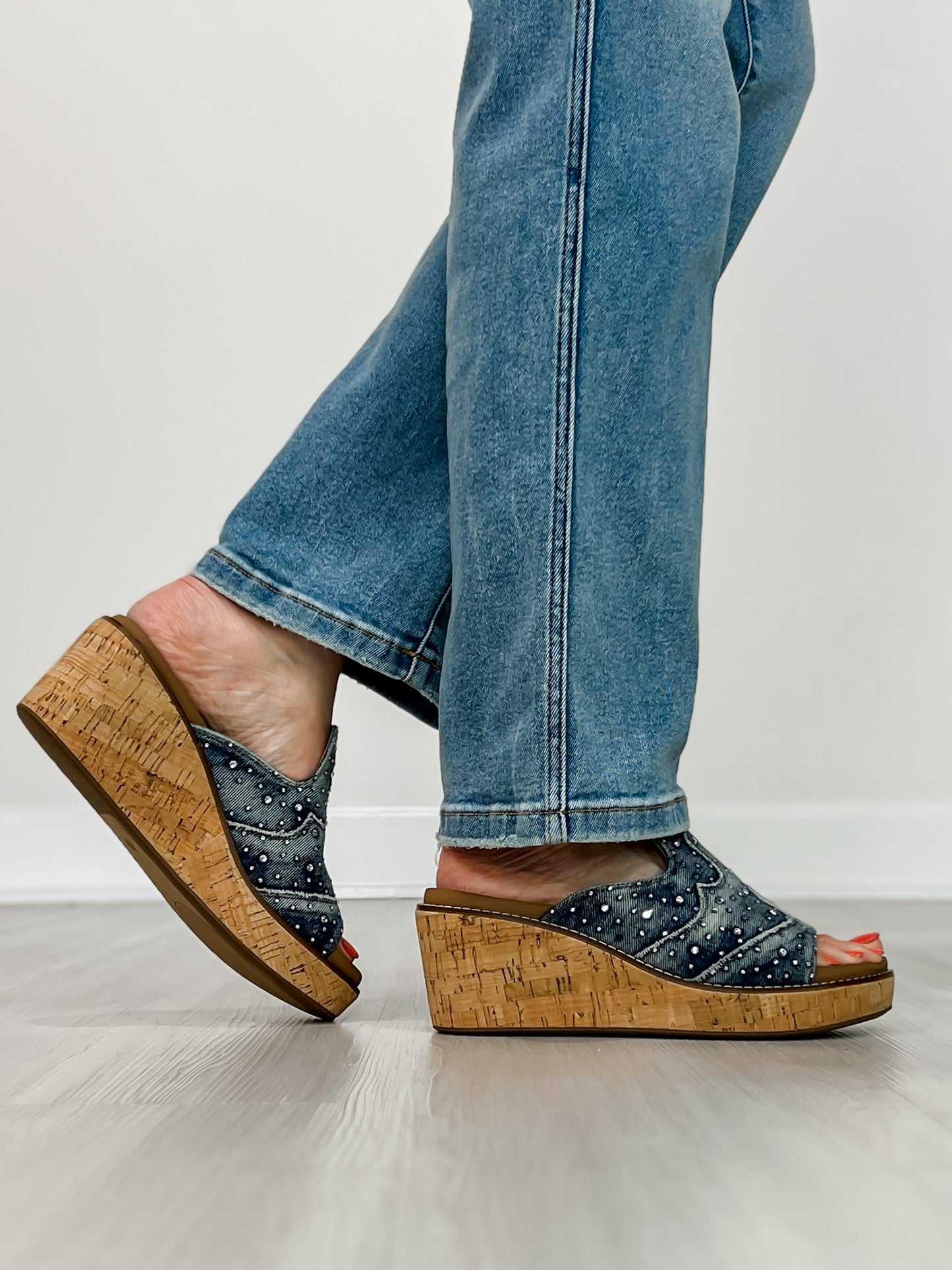 Corkys Neon Moon Cork Wedges in Blue Washed Denim Rhinestone