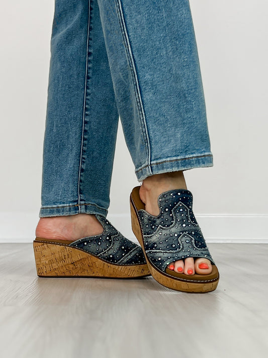 Corkys Neon Moon Cork Wedges in Blue Washed Denim Rhinestone
