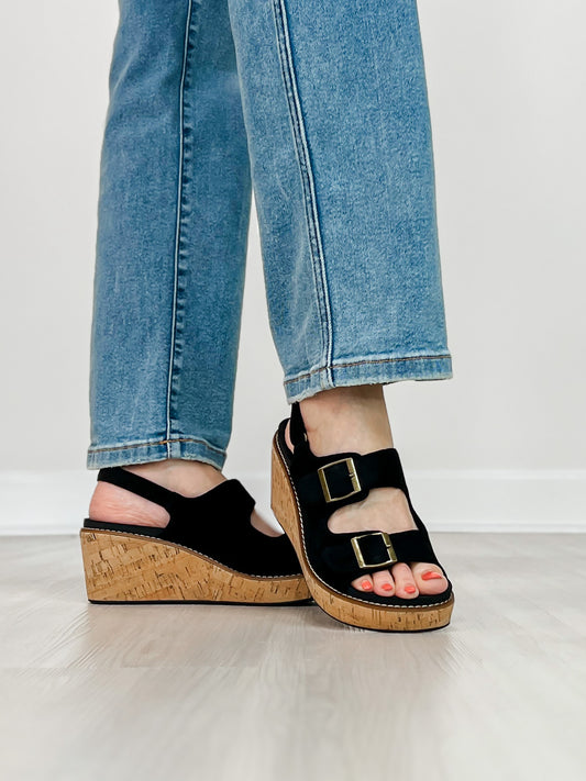 Corkys My 2 Cents Wedges in BLACK FAUX SUEDE