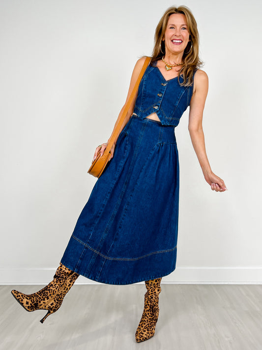 Denim Button Front Vest & Skirt Set