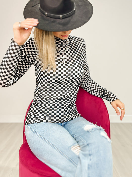 Long Sleeve Checkered Mock Neck Top