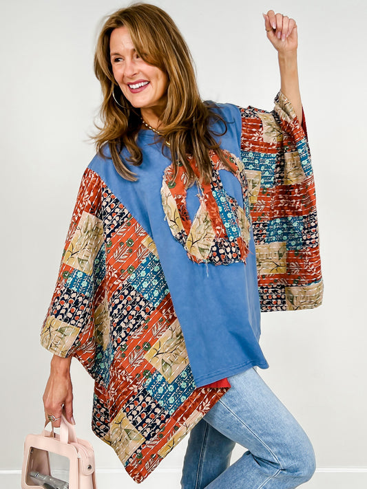 Peace Sign Patch Kantha Poncho Top