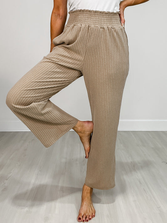 Smocked Waistband Ribbed Wide Leg Pants