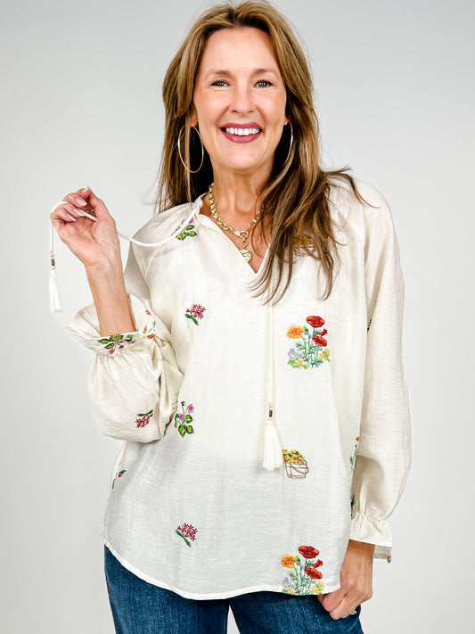 Embroidered Long Raglan Sleeve Top with V-Neckline