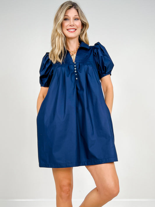 Short Puff Sleeve Mini Dress with Button Front Closure