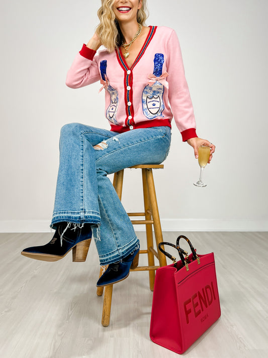 Pink Cardigan with Champagne Bottle Patches
