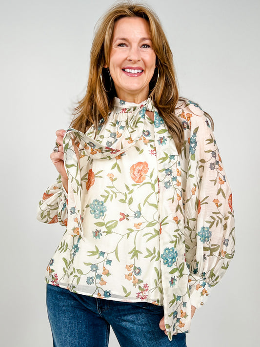 Floral Print Long Sleeve Top with Self Tie Neck