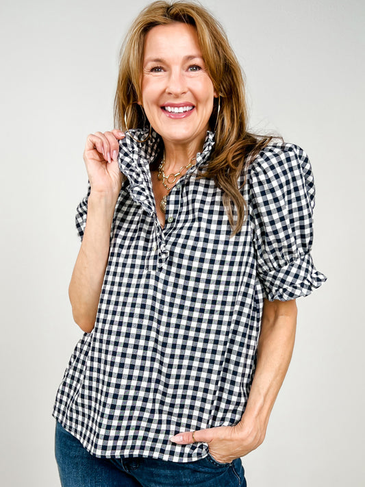 Gingham Short Puff Sleeve Top with Ruffle Detail