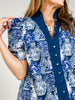 Printed Short Puff Sleeve Top with Contrast Trim Neckline