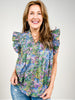 Floral Print Ruffle Sleeve Top with Pleat Front Trim