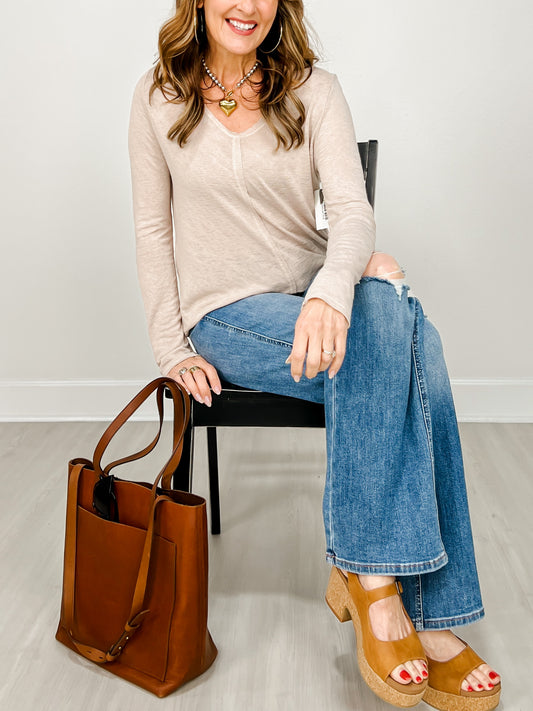 Slub Knit Split Center Long Sleeve Top