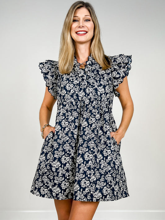 Embroidered Scallop Edge Detail Floral Dress
