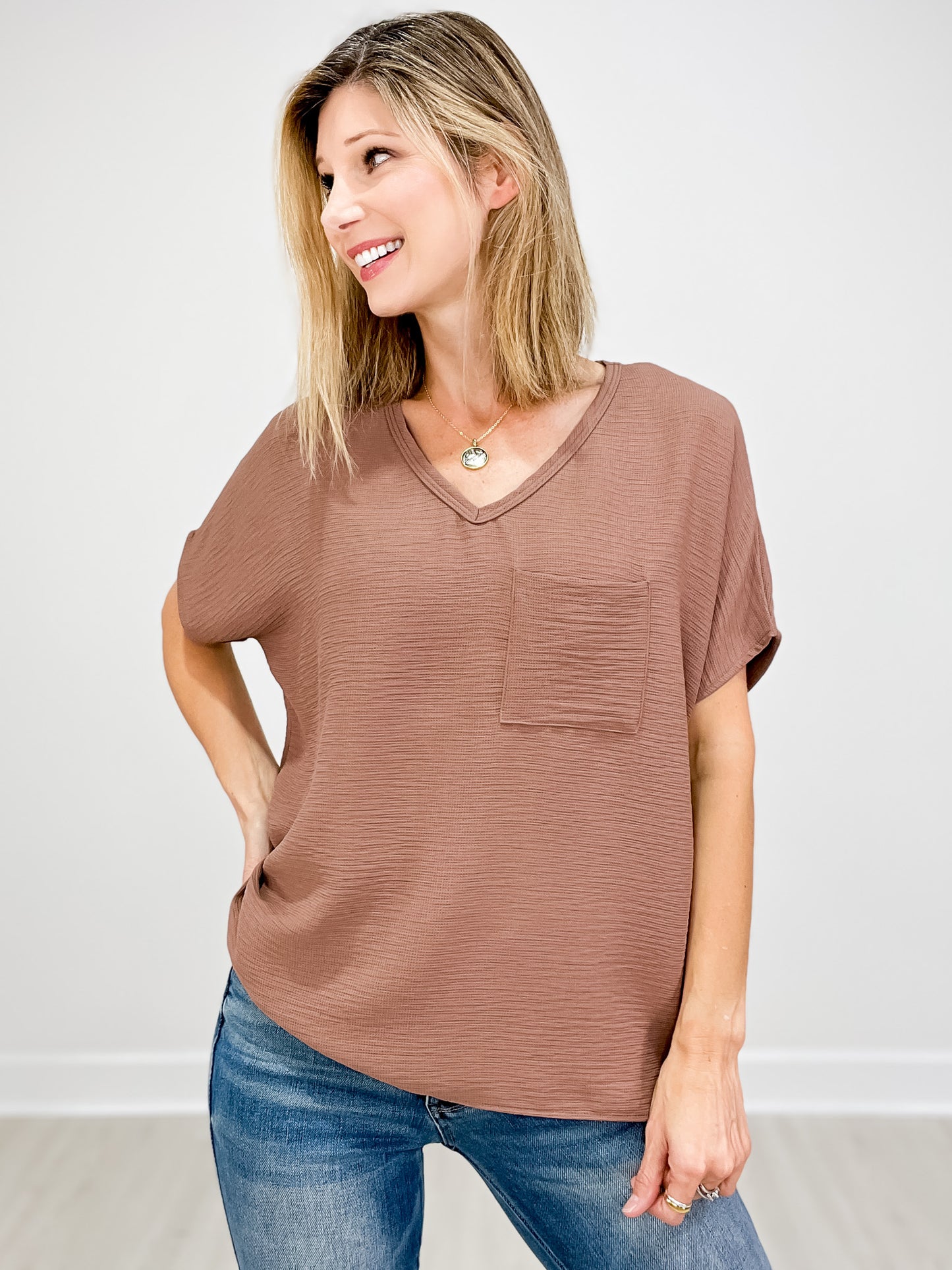 Short Sleeve V-Neck Waffle Ruffle Air Flow Top