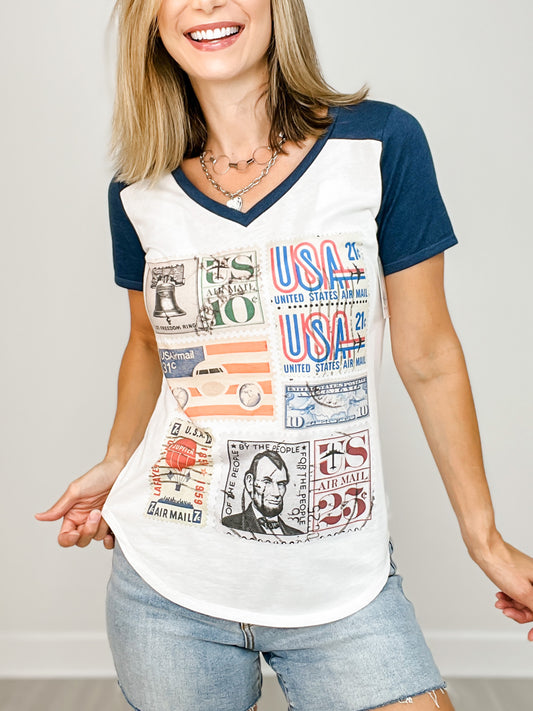 Vintage US Airmail Stamps Vneck Graphic Tee