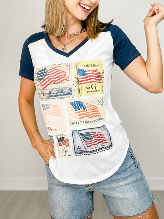 Vintage Patriotic Stamps Vneck Graphic Tee