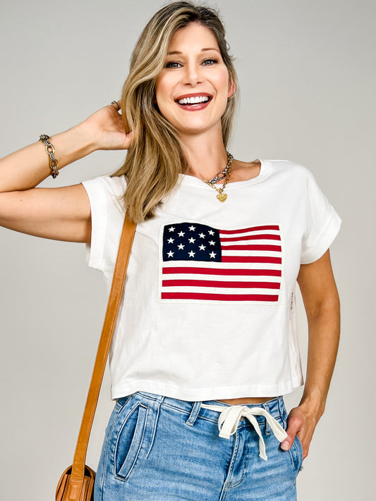 Short Sleeve Crewneck American Flag Top
