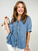 Short Sleeve Frayed Trim Denim Button Top