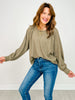 Long Sleeve Cropped Raglan Henley Top in Olive
