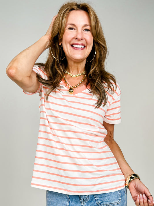 Striped V-Neck Short Sleeve Top