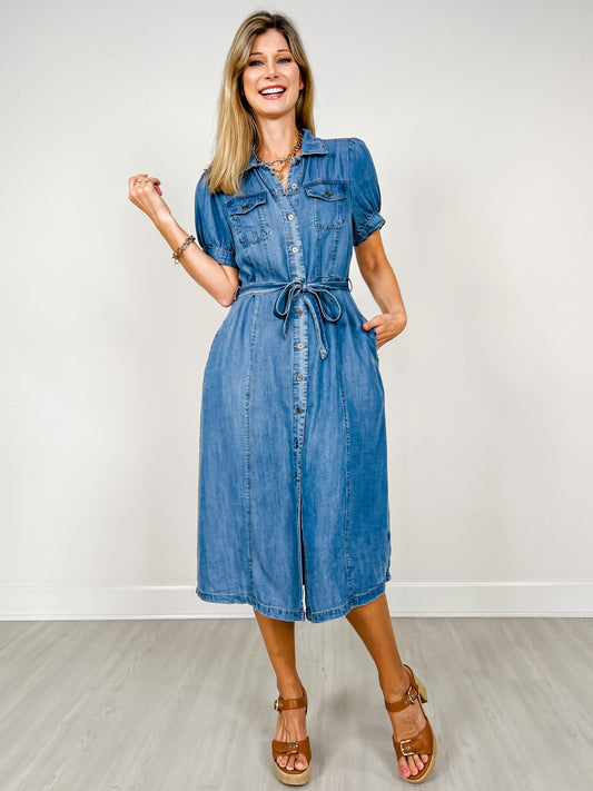 Puff Sleeved Denim Shirt Dress