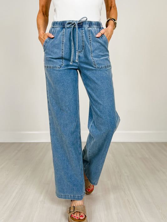 Knit Denim Wide Leg Pull On Pants