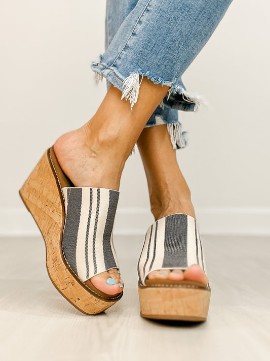 Corkys Mugshot Slip-On Wedges in Black Natural Stripe 2