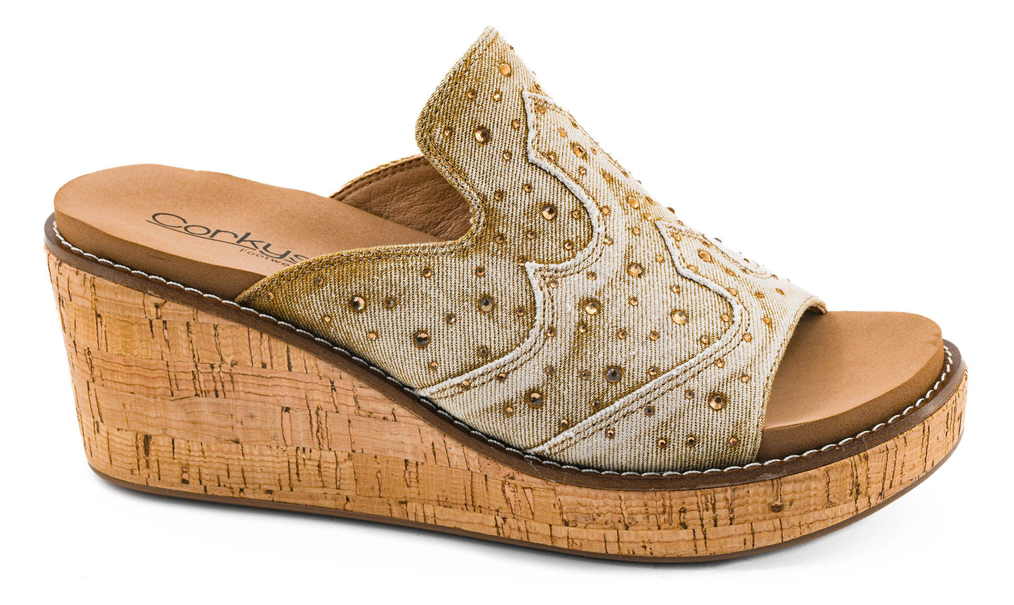 Corkys Neon Moon Cork Wedges in Tan Washed Denim Rhinestone