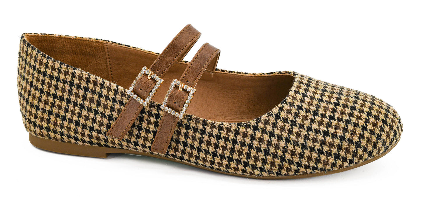 Corkys Own It Mary Jane Flats in Black Tan Houndstooth