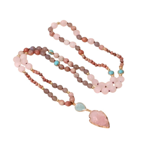 Natural Beaded Stone Necklace in Pink