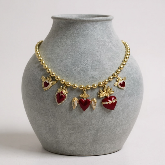 5 Charm Red Heart LUXE Gold Necklace