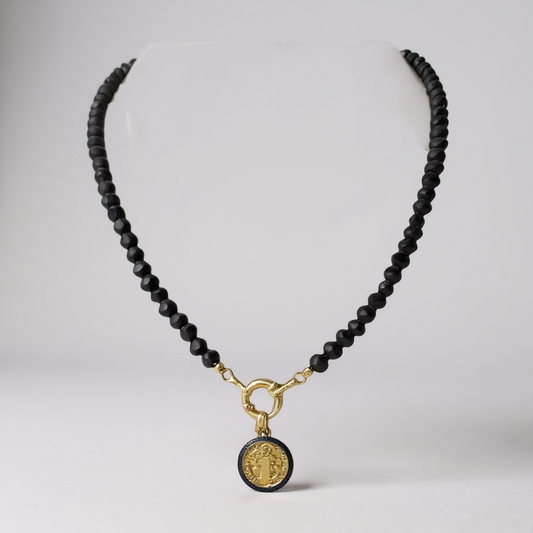 Coin Charm Onyx and Gold Necklace