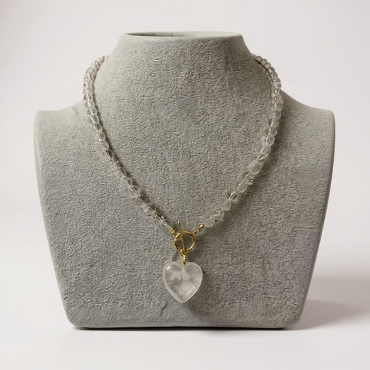 Heart Charm Glass bead Necklace - Clear Quartz