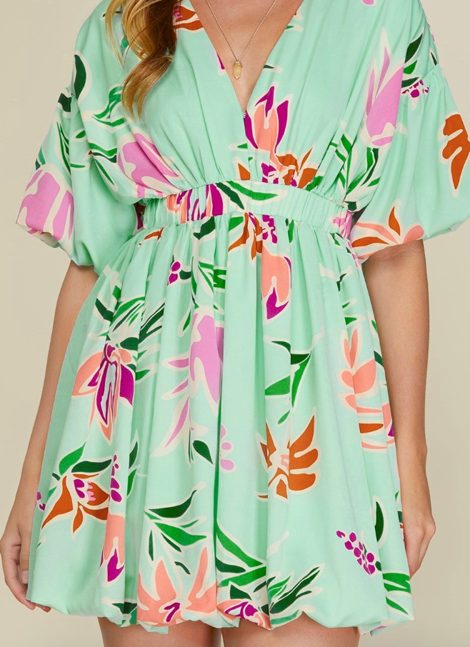 Puff Sleeve Woven Print Hem Dress