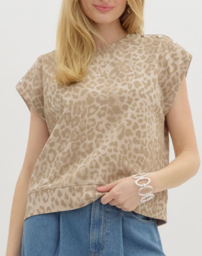 Leopard Print Sleeveless Top with Stud Accented Shoulders