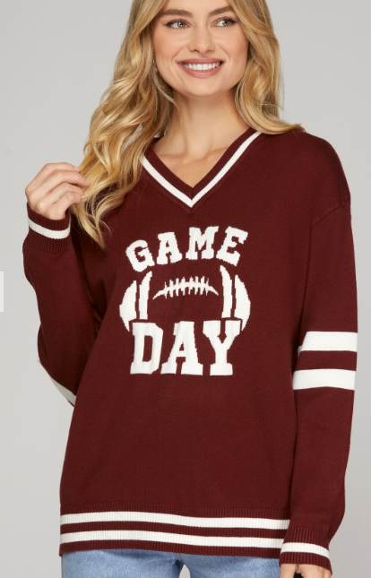 Long Sleeve V-Neck Varsity Sweater Top