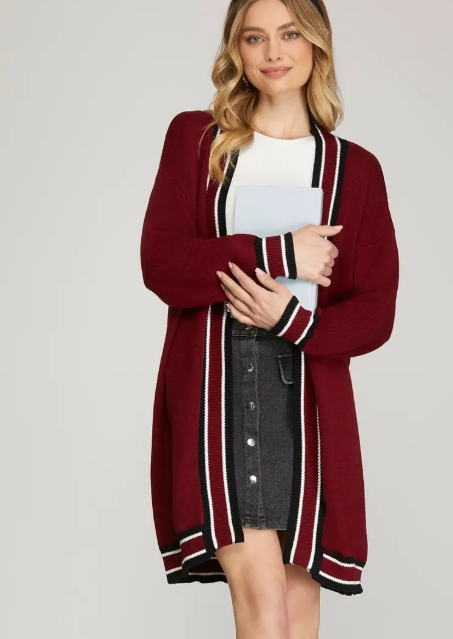 Game Day Long Sleeve Contrast Rib Knit Cardigan